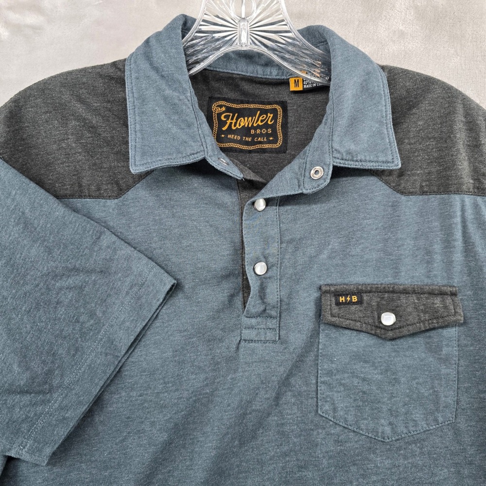 Howler Brothers Polo Shirt Mens Medium Blue Grey Western Yoke Snap Pocket
